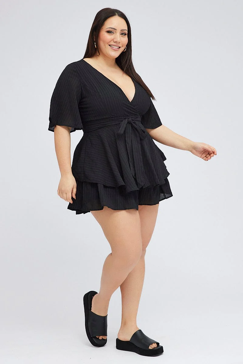Black Ruffle Playsuit Short Sleeve Wrap Front - Image 2