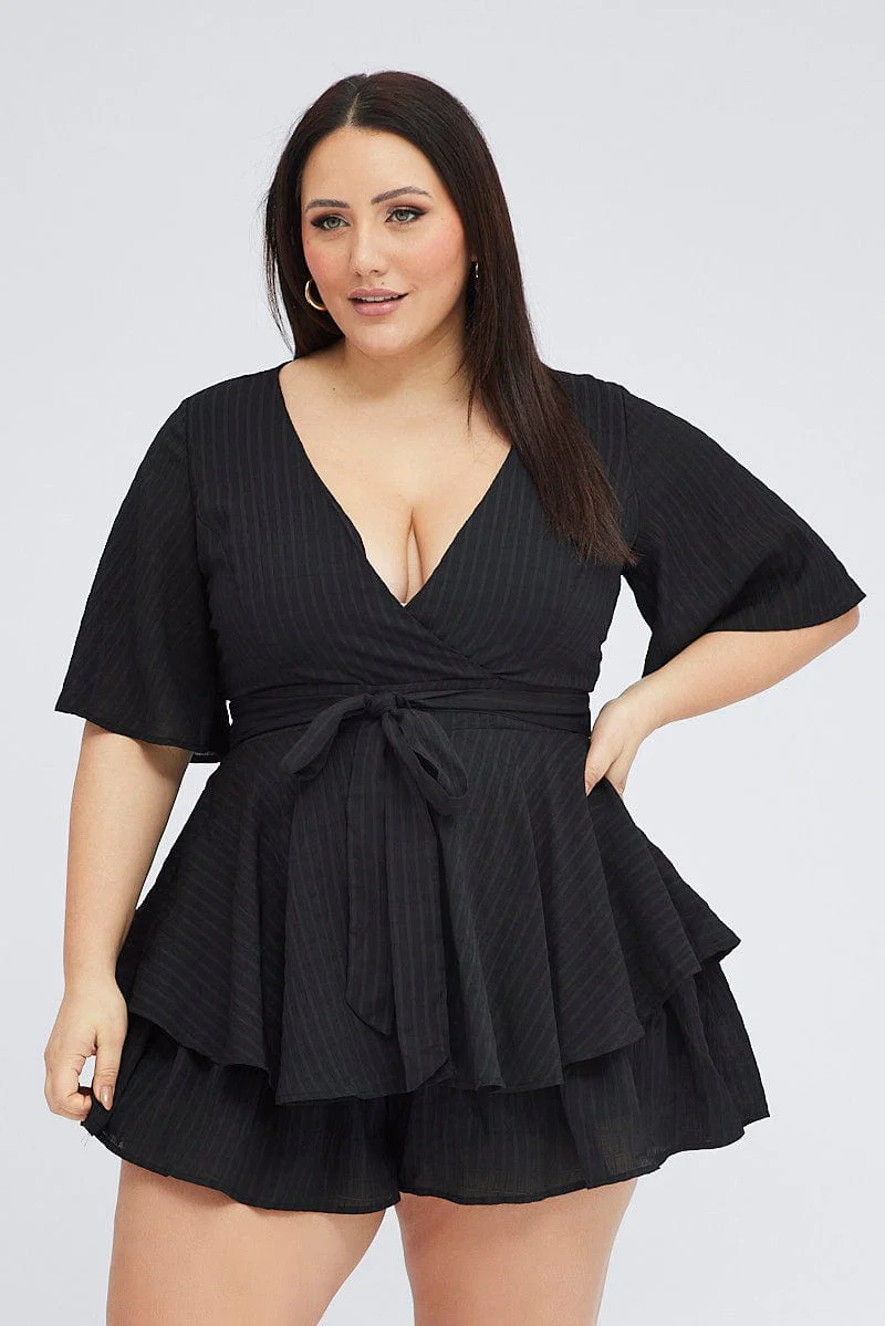 Black Ruffle Playsuit Short Sleeve Wrap Front - Image 3