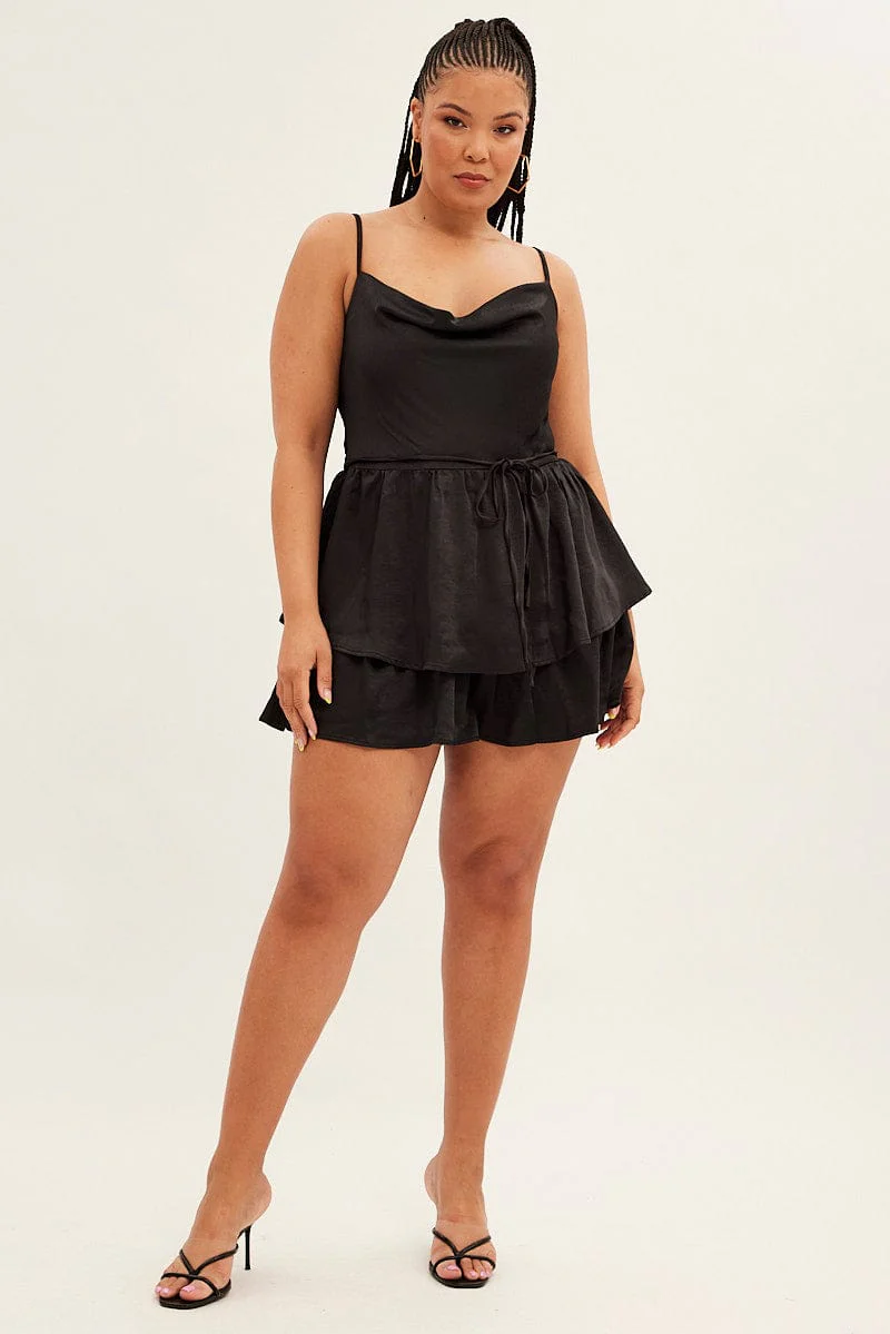 Black Ruffle Playsuit Sleeveless Cowl Neck Satin - Image 2