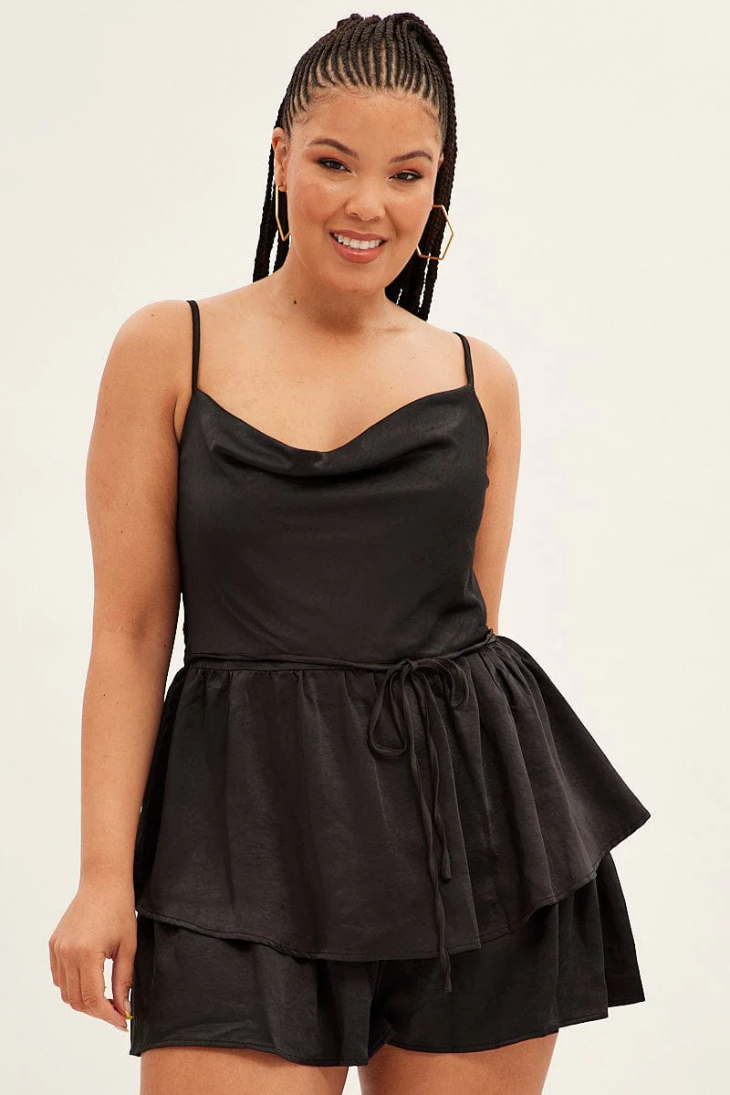 Black Ruffle Playsuit Sleeveless Cowl Neck Satin - Image 3