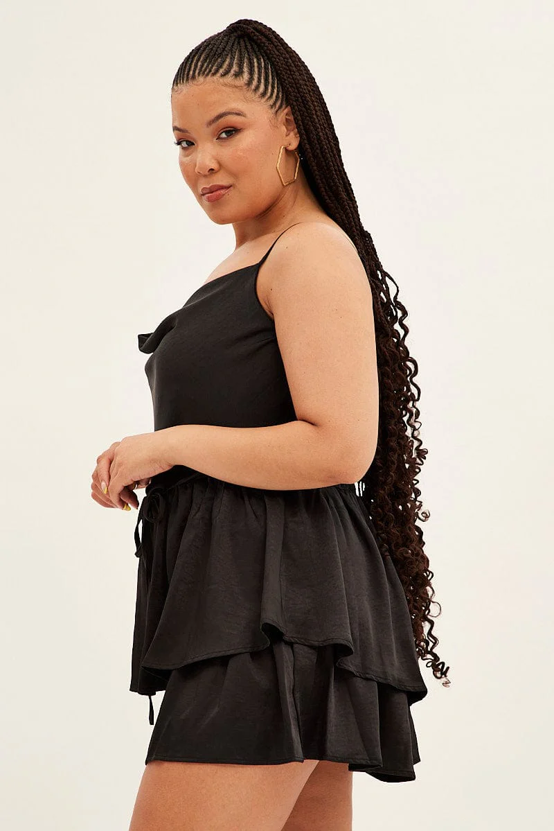 Black Ruffle Playsuit Sleeveless Cowl Neck Satin - Image 4