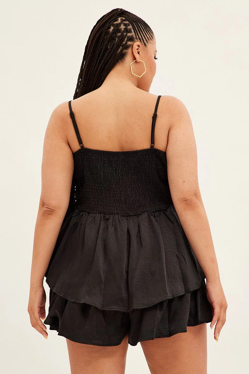 Black Ruffle Playsuit Sleeveless Cowl Neck Satin - Image 5