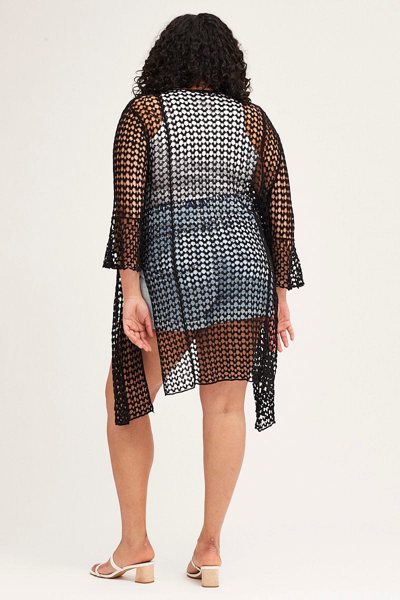 Black Ruffle Sleeve Open Front Crochet Cardigan - Image 5