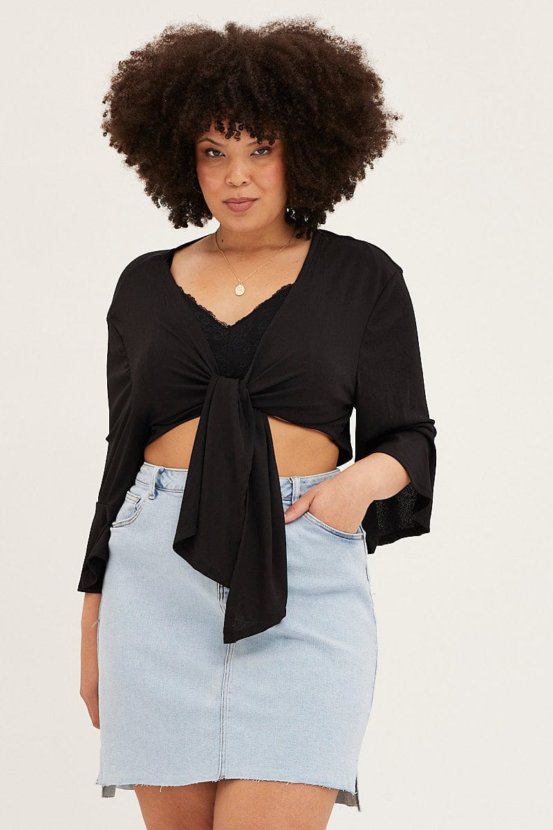 Black Ruffle Sleeve Tie Up Crop Cardigan - Image 3