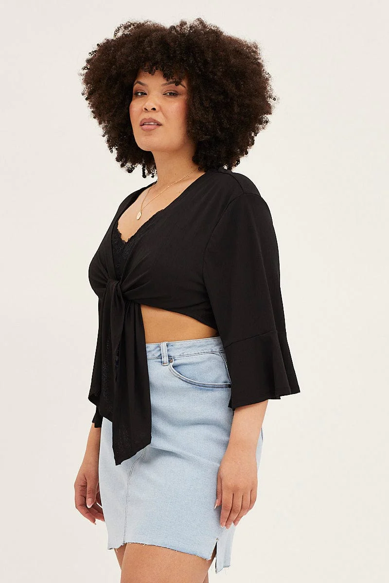 Black Ruffle Sleeve Tie Up Crop Cardigan - Image 4