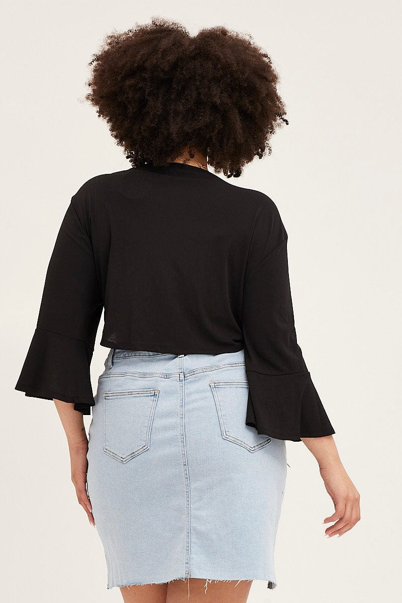 Black Ruffle Sleeve Tie Up Crop Cardigan - Image 5