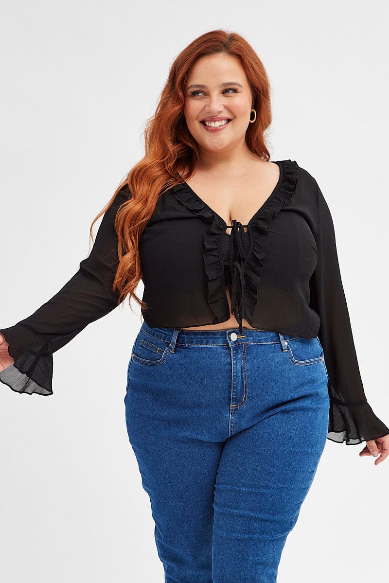 Black Ruffle Top Long Sleeve Chiffon - Image 3
