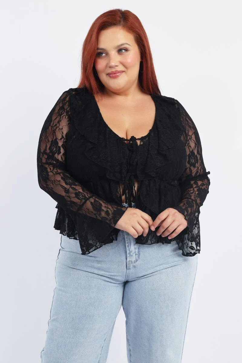 Black Ruffle Top Long Sleeve Lace