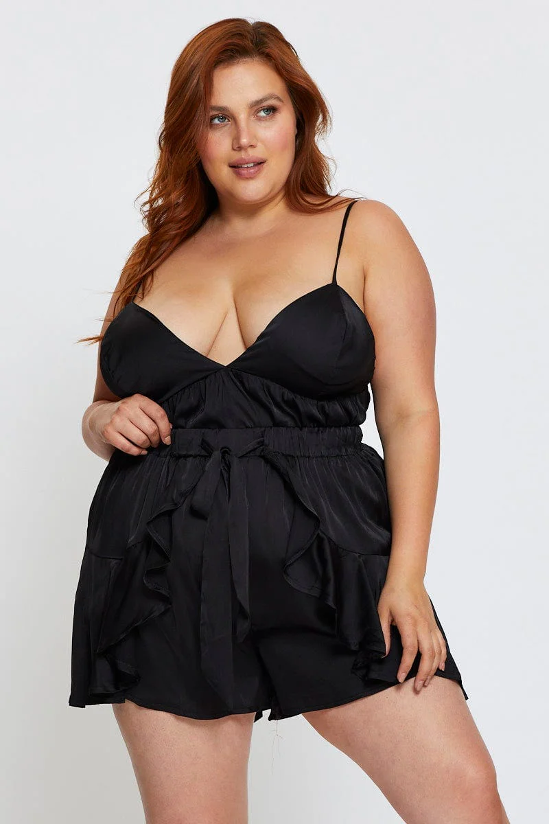 Black Satin Babydoll Top & Short Pyjama Set - Image 3