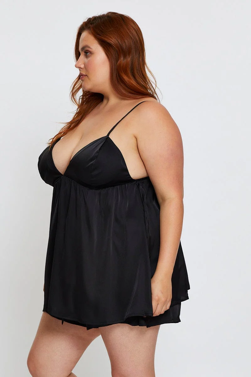 Black Satin Babydoll Top & Short Pyjama Set - Image 4