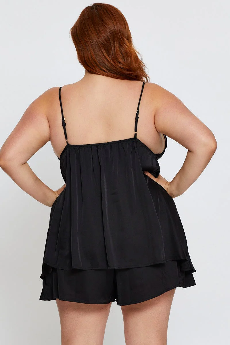 Black Satin Babydoll Top & Short Pyjama Set - Image 5
