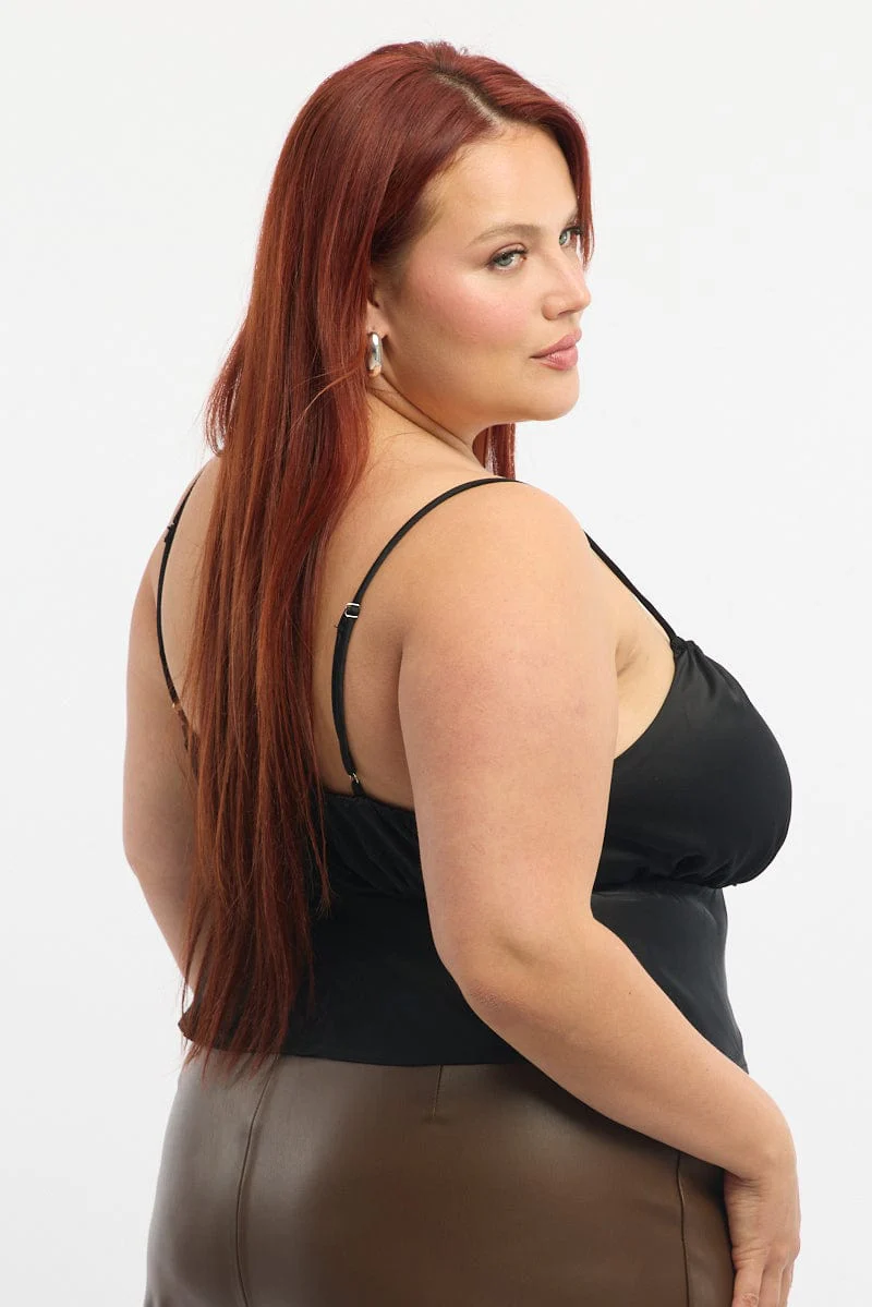 Black Satin Cami Top Ruched Bust - Image 3