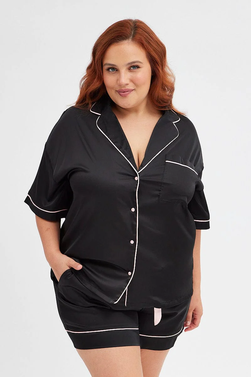 Black Satin Contrast Piping Pj Pyjama Set - Image 3
