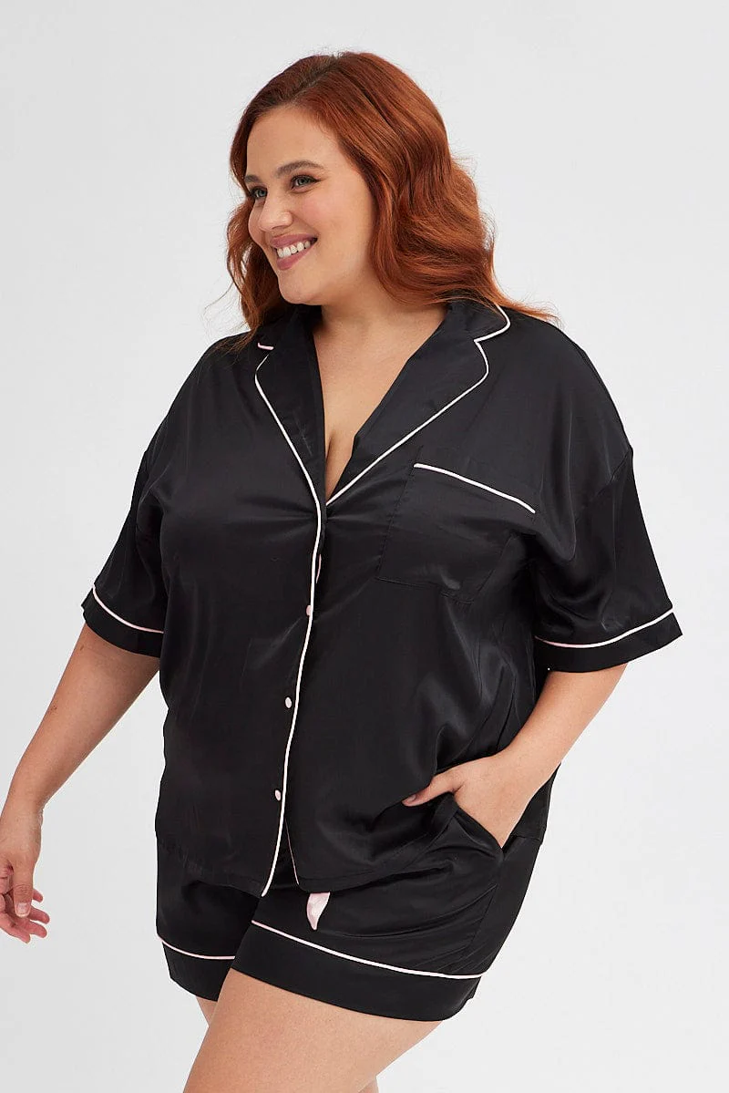 Black Satin Contrast Piping Pj Pyjama Set - Image 4