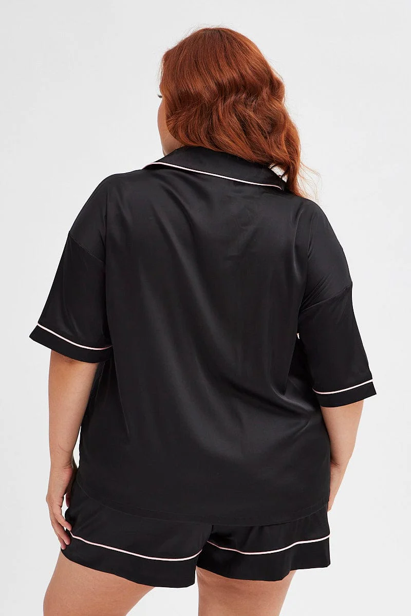Black Satin Contrast Piping Pj Pyjama Set - Image 5