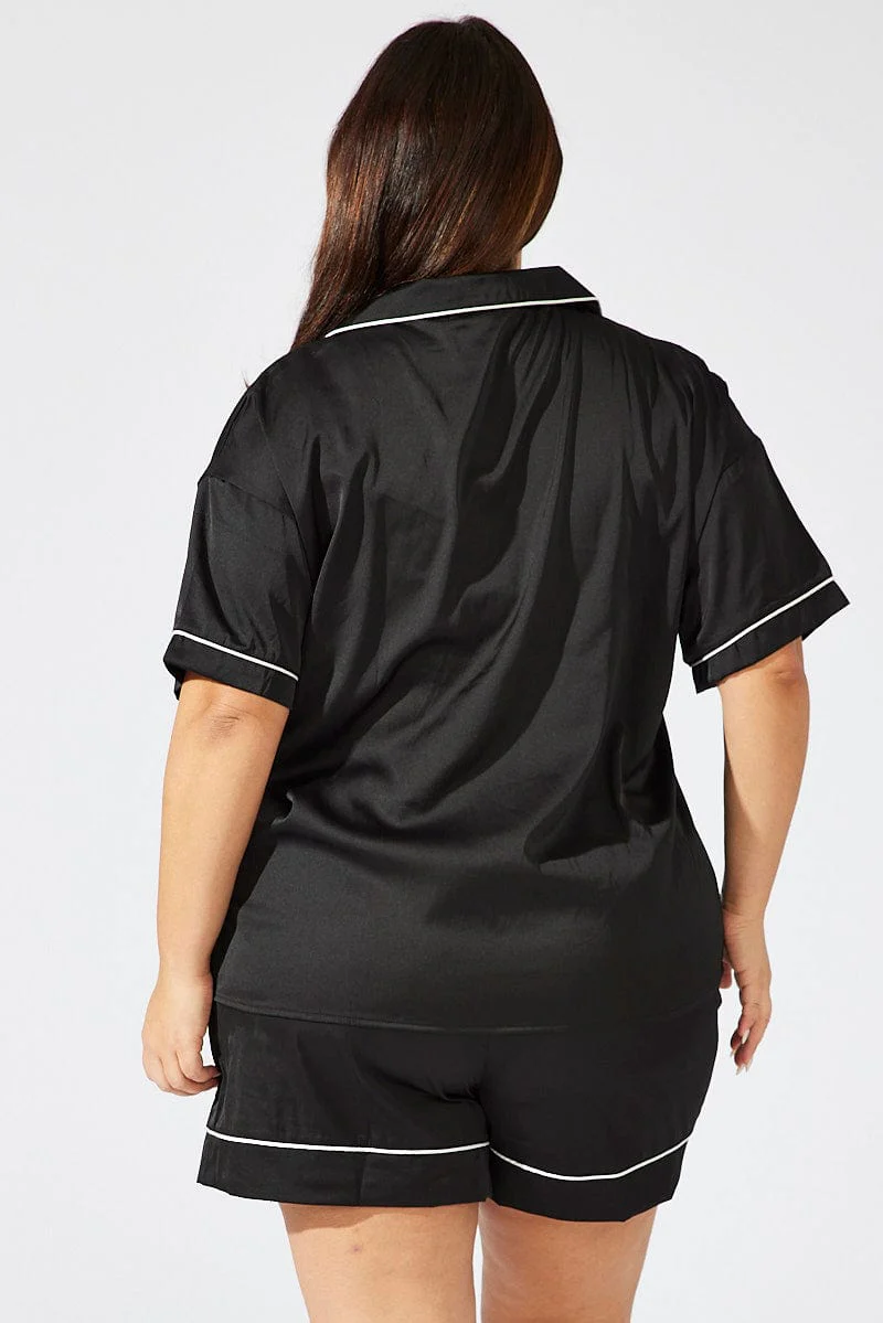 Black Satin Pyjamas Set Short Sleeve - Image 4