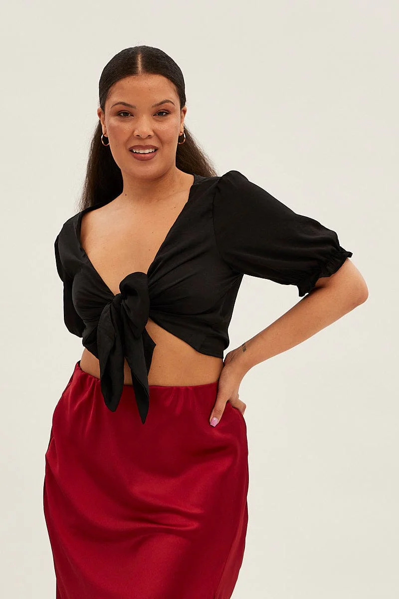 Black Satin Tie Front Short Sleeve Bolero Top - Image 3