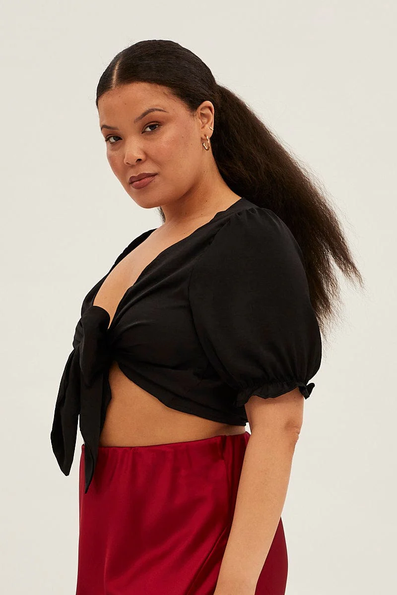 Black Satin Tie Front Short Sleeve Bolero Top - Image 4