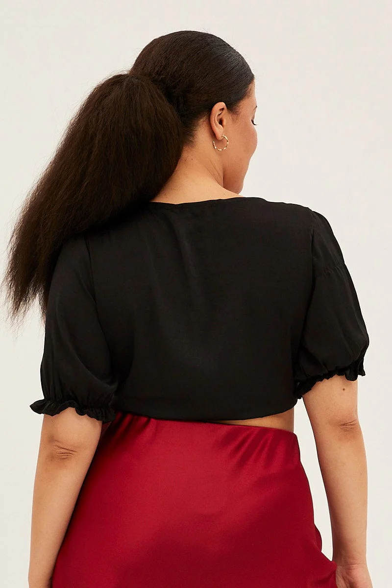 Black Satin Tie Front Short Sleeve Bolero Top - Image 5