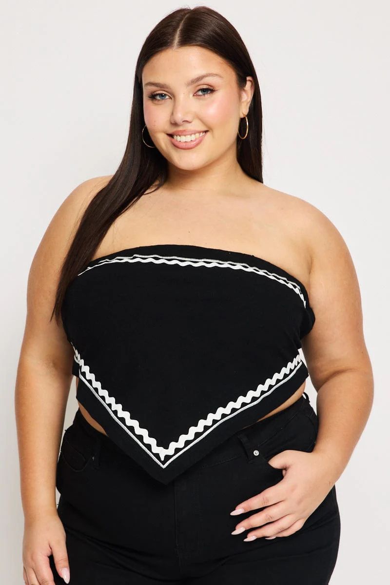 Black Scarf Top Strapless Linen Blend Ric Rac