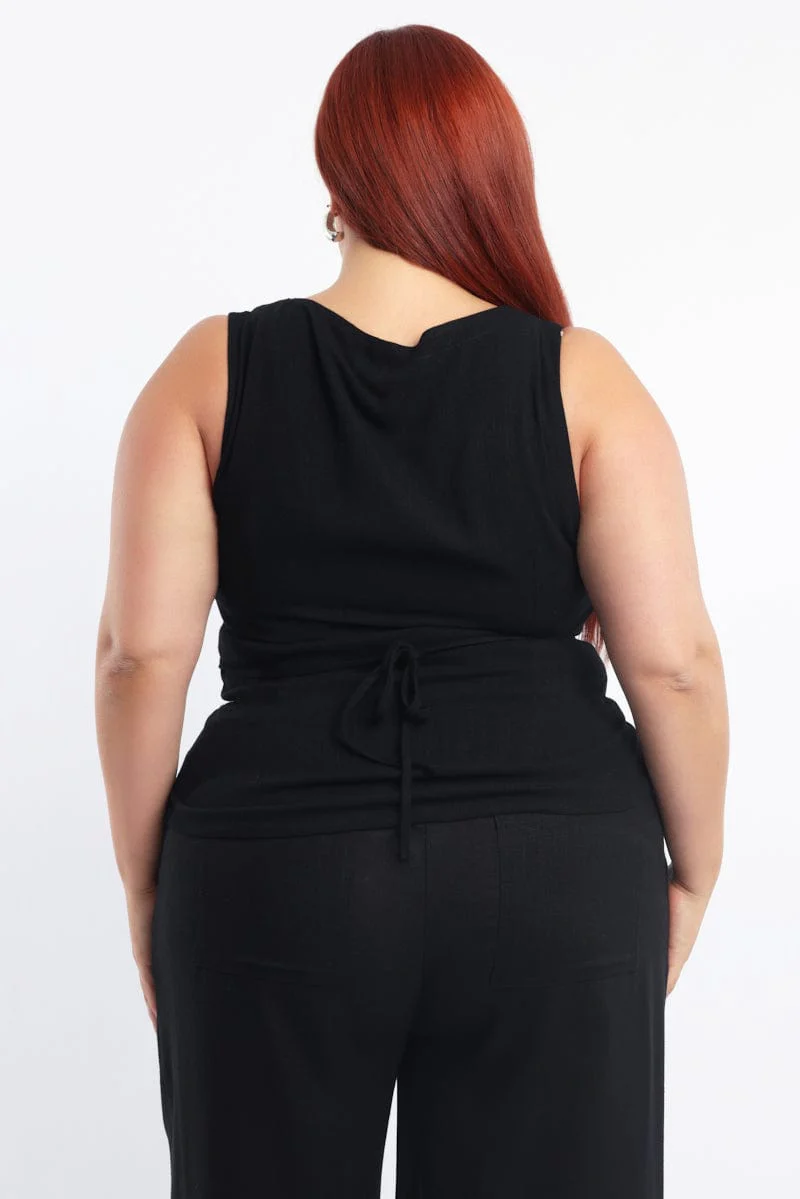 Black Scoop Neck Linen Blend Tie Back Vest - Image 5