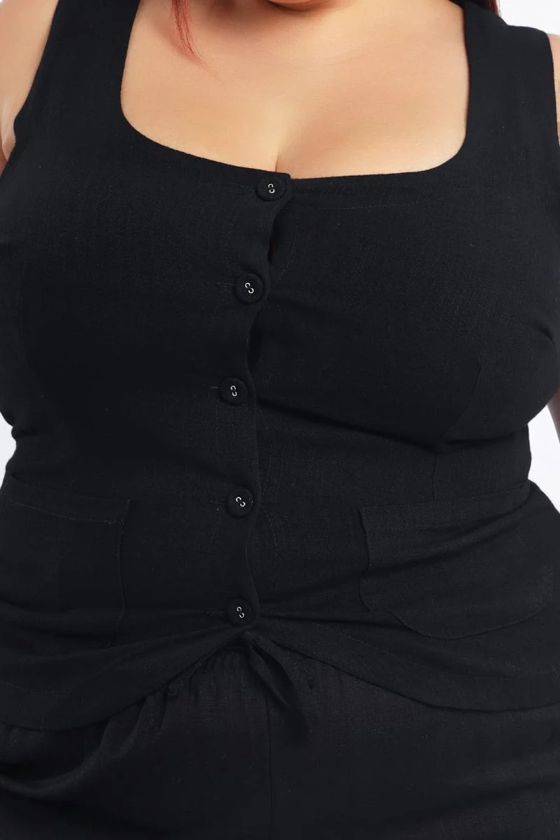 Black Scoop Neck Linen Blend Tie Back Vest - Image 6