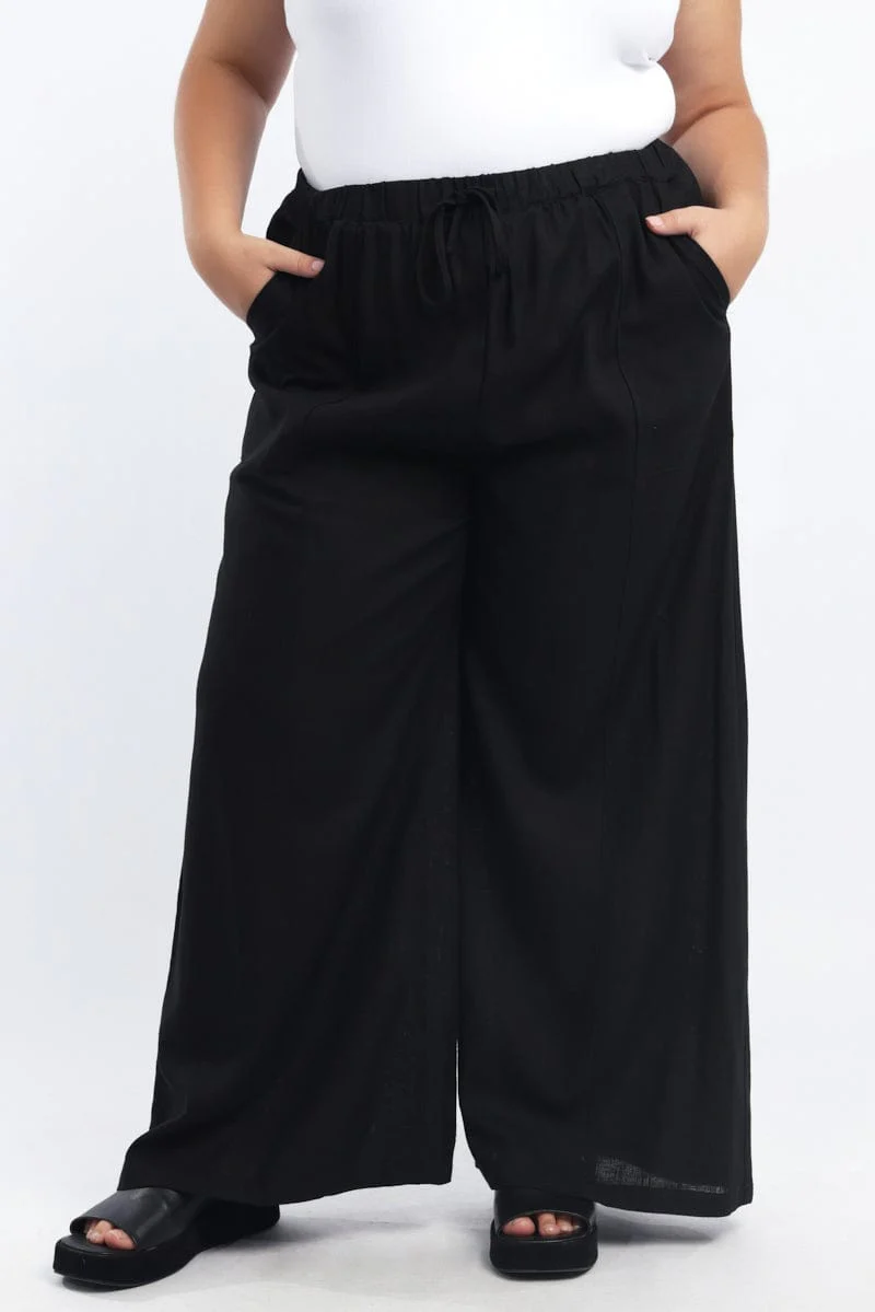 Black Seam Detail Linen Blend Wide Leg Pants - Image 2