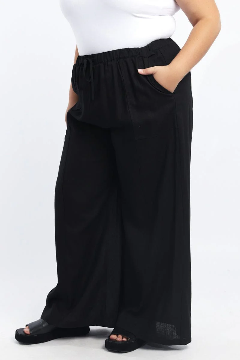 Black Seam Detail Linen Blend Wide Leg Pants - Image 3