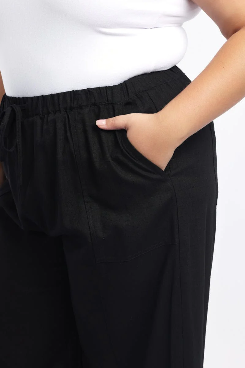 Black Seam Detail Linen Blend Wide Leg Pants - Image 5