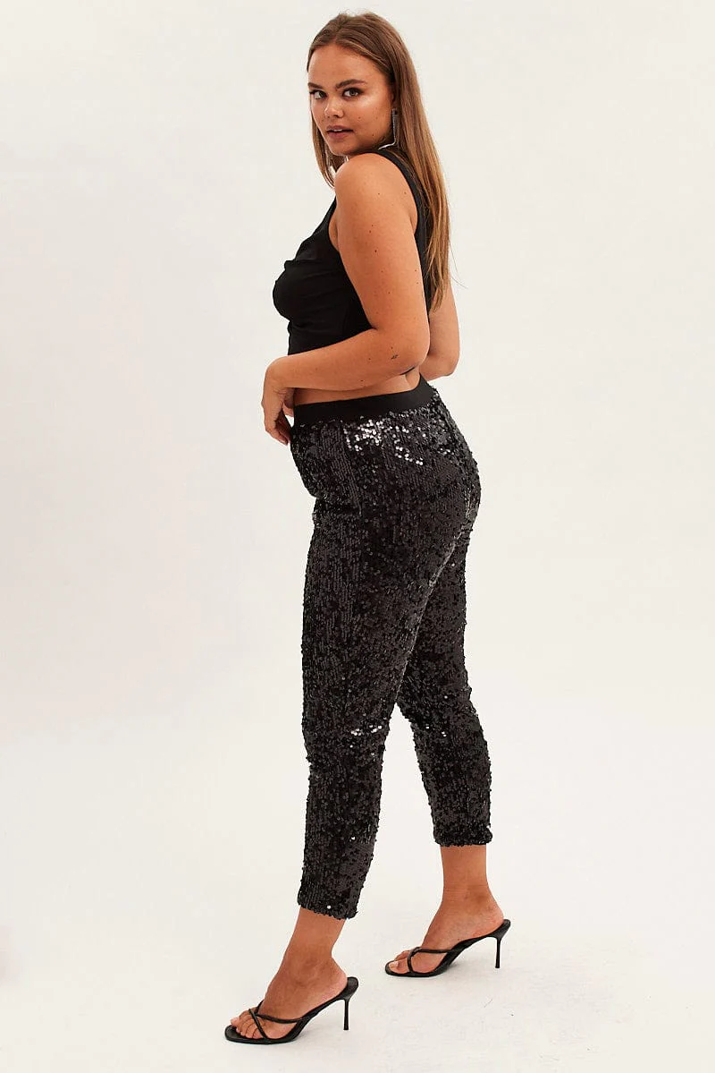 Black Sequin Leggings Pull On Stretch - Image 4