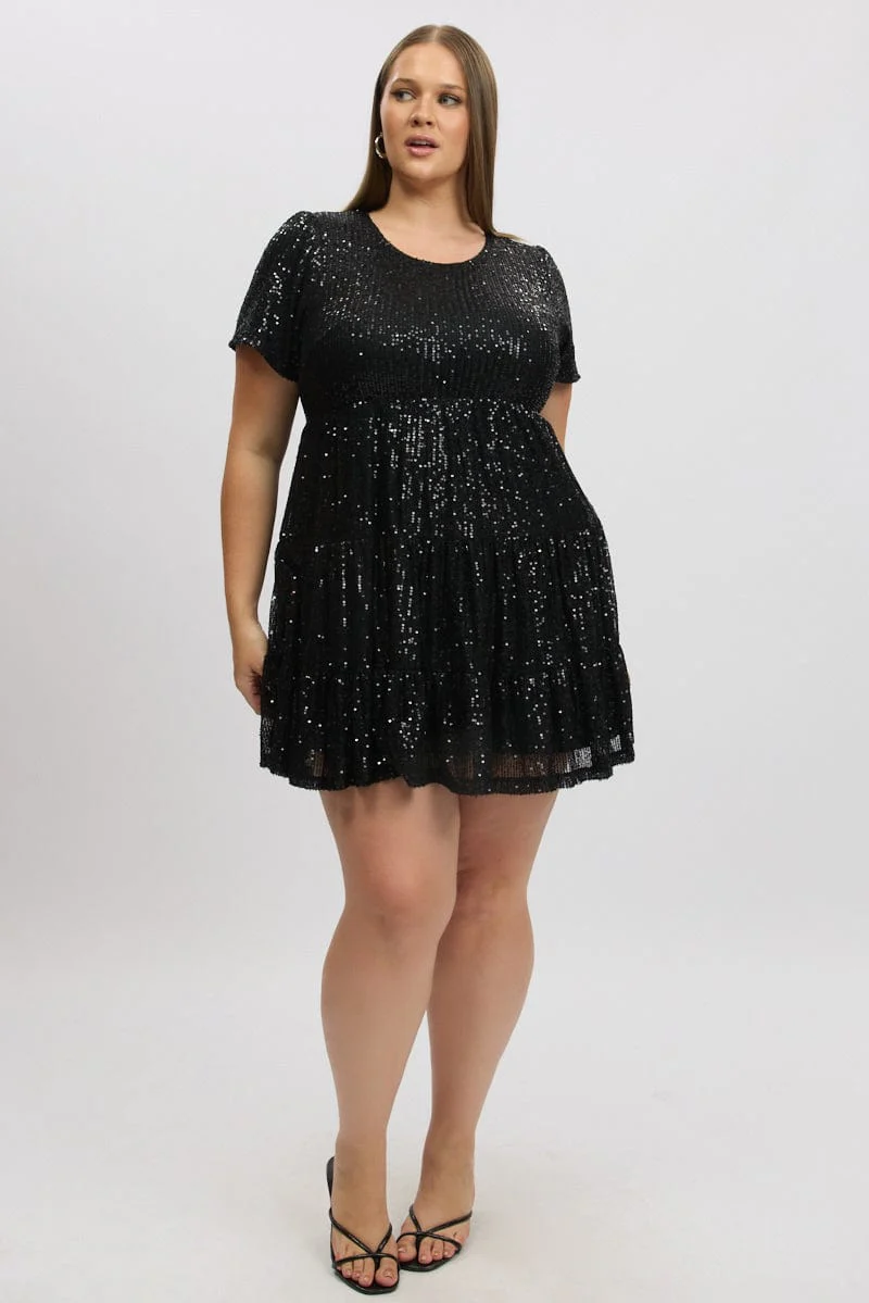 Black Sequin Tiered Swing Dress - Image 2