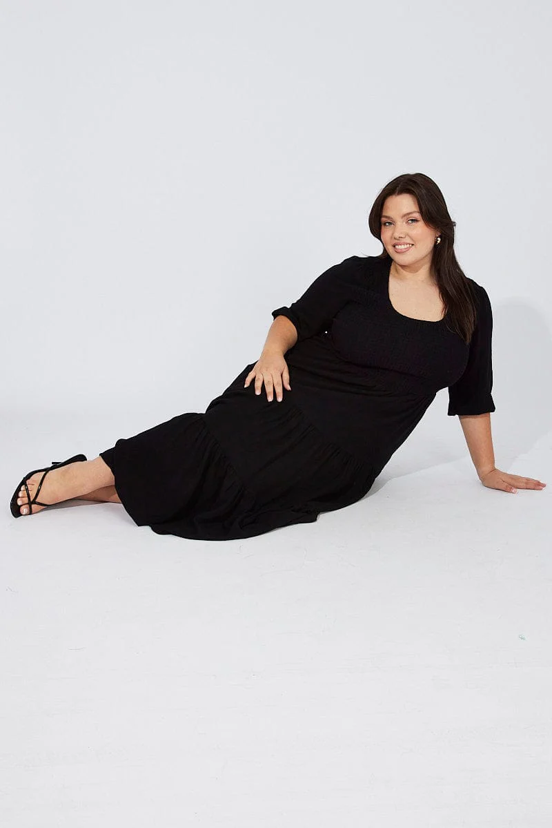 Black Shirred Bodice Linen Blend Maxidress Puff Sleeve - Image 2