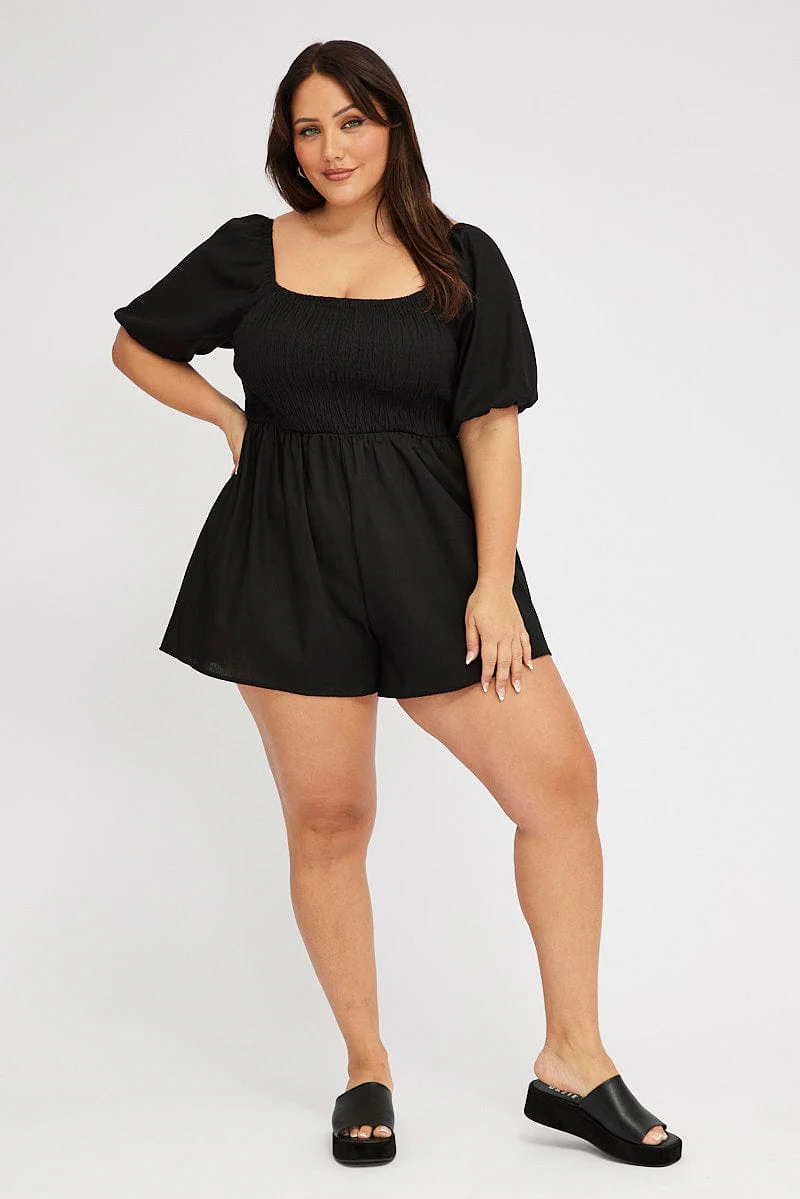 Black Shirred Bodice Playsuit Puff Sleeves - Image 2