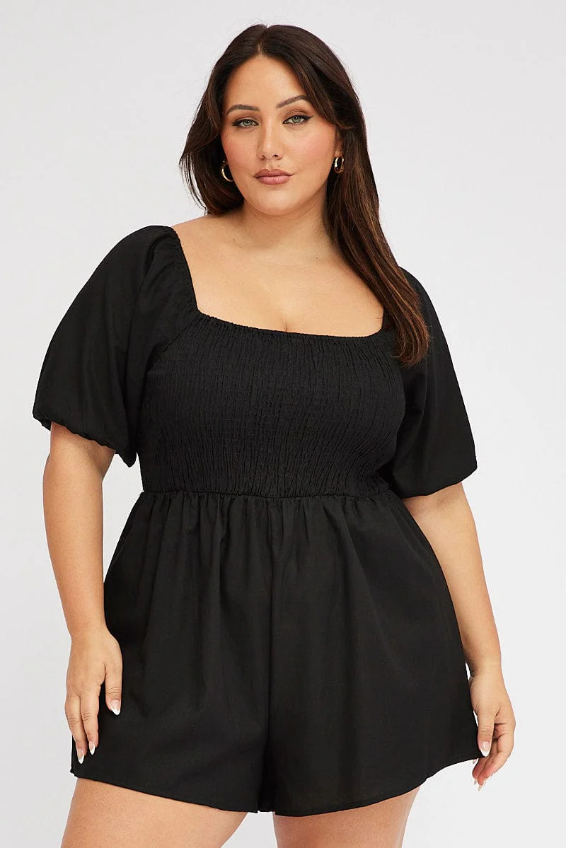 Black Shirred Bodice Playsuit Puff Sleeves - Image 3