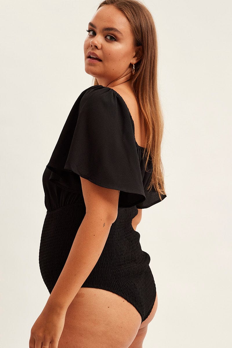Black Shirred Bodysuit Short Sleeve Cut Out - Image 2