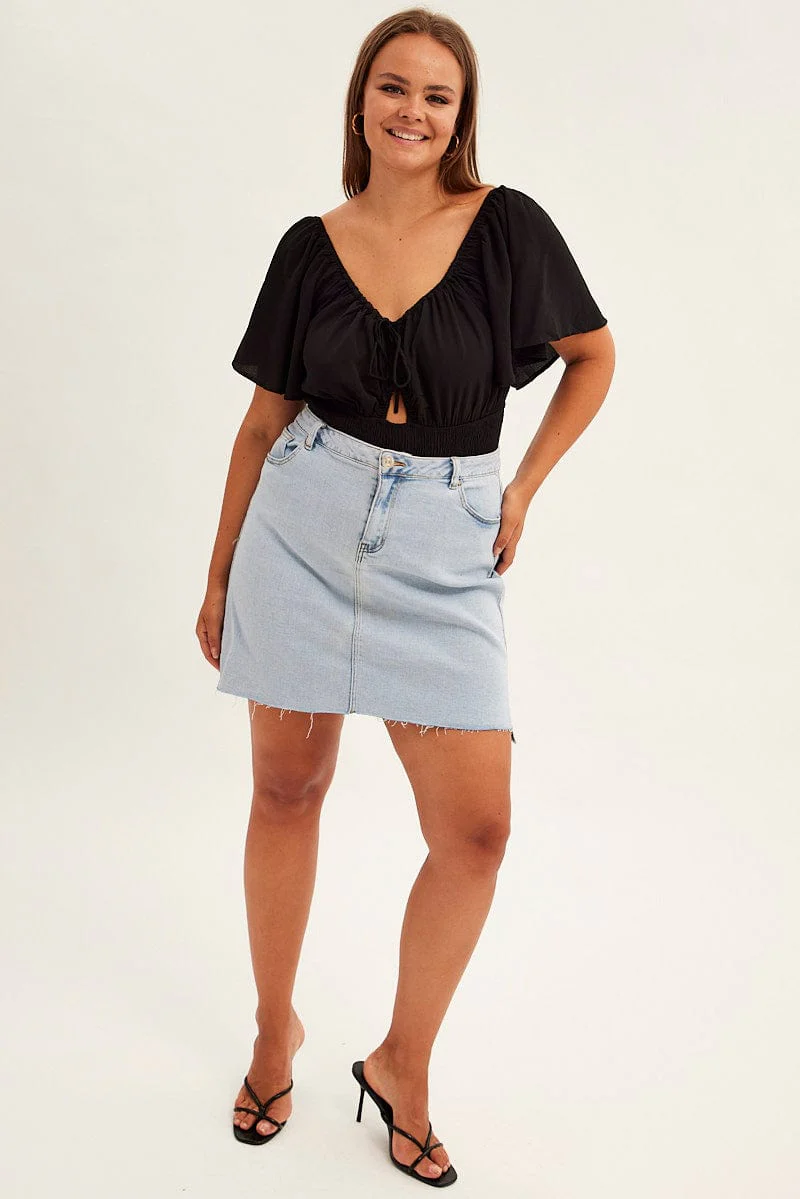 Black Shirred Bodysuit Short Sleeve Cut Out - Image 3