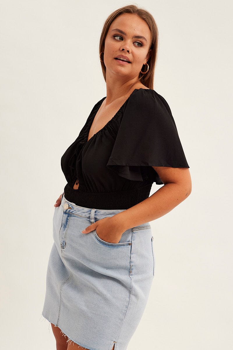 Black Shirred Bodysuit Short Sleeve Cut Out - Image 4