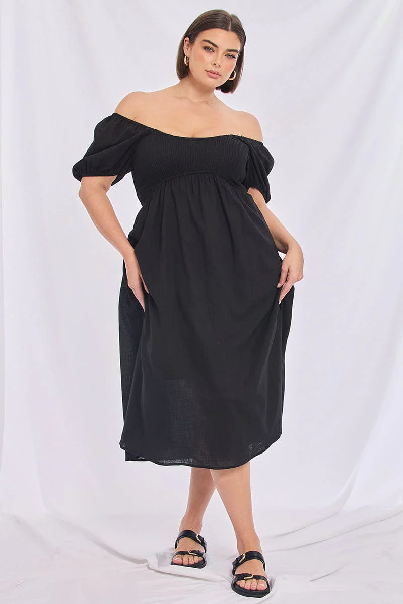 Black Shirred Midi Dress Short Sleeve