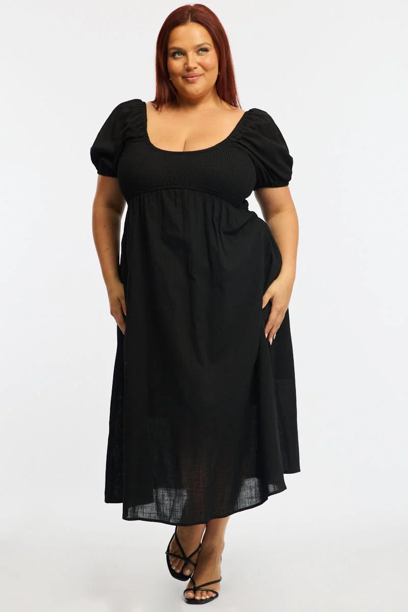 Black Shirred Midi Dress Short Sleeve - Image 4