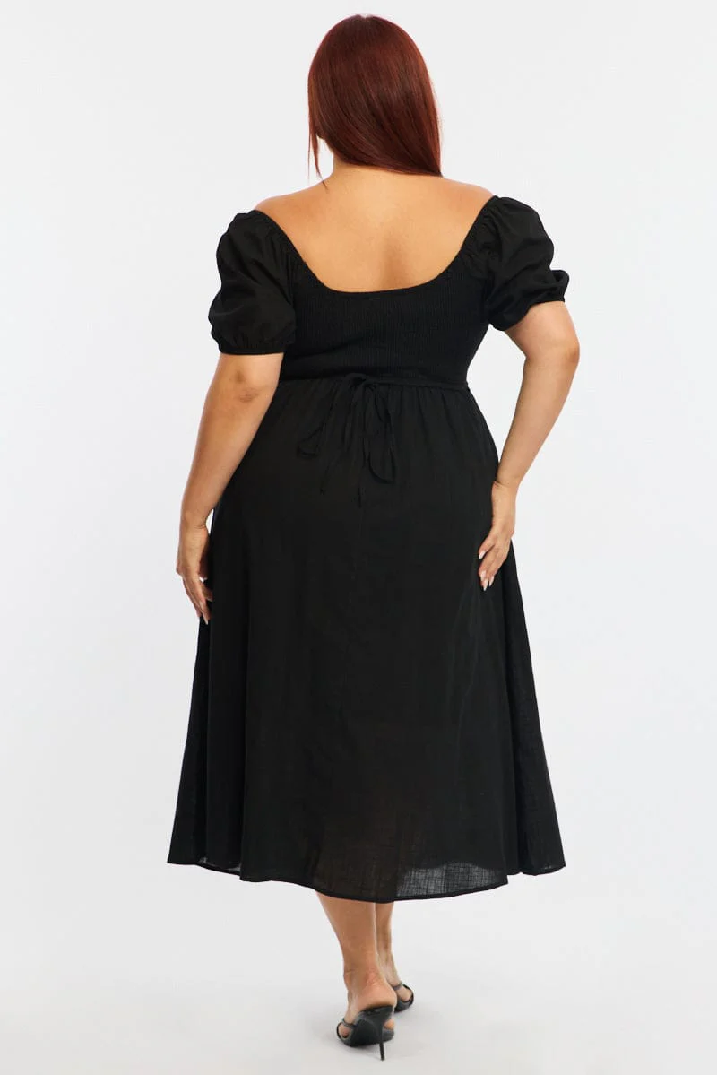 Black Shirred Midi Dress Short Sleeve - Image 6
