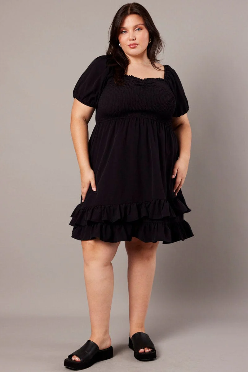 Black Shirred Mini Dress Sweetheart Neck - Image 2