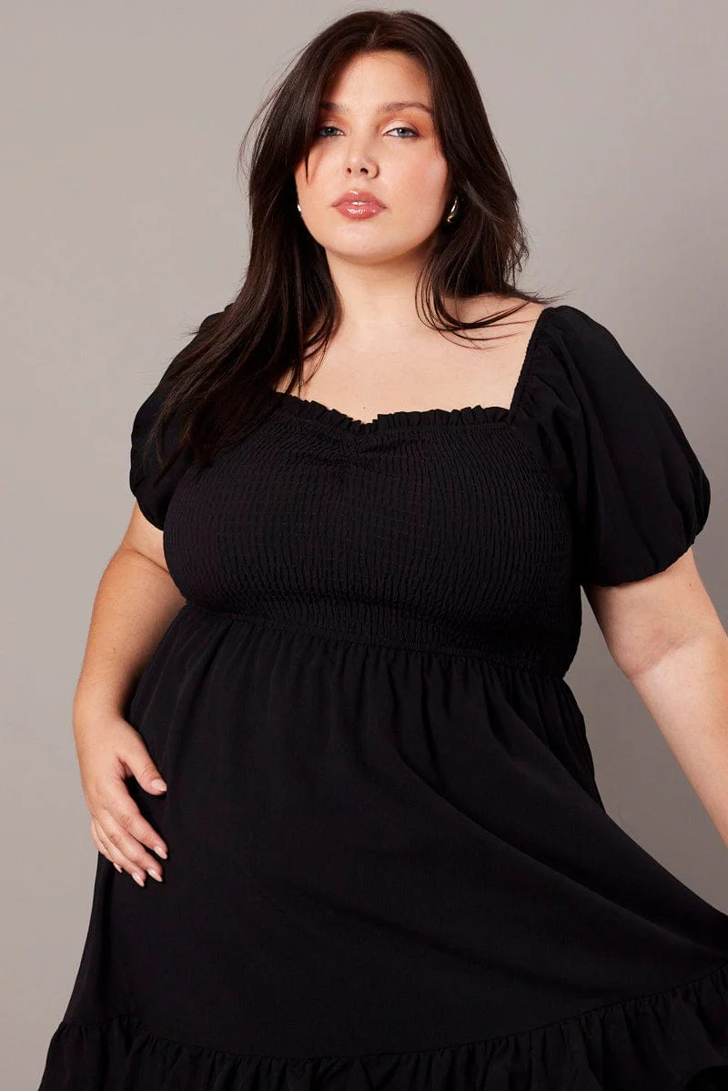 Black Shirred Mini Dress Sweetheart Neck - Image 3