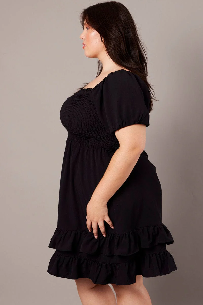 Black Shirred Mini Dress Sweetheart Neck - Image 4