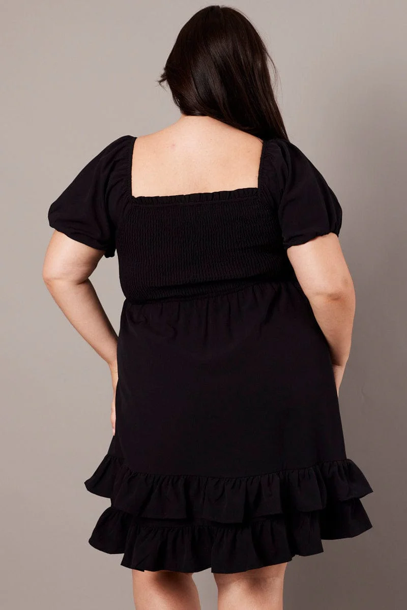 Black Shirred Mini Dress Sweetheart Neck - Image 5