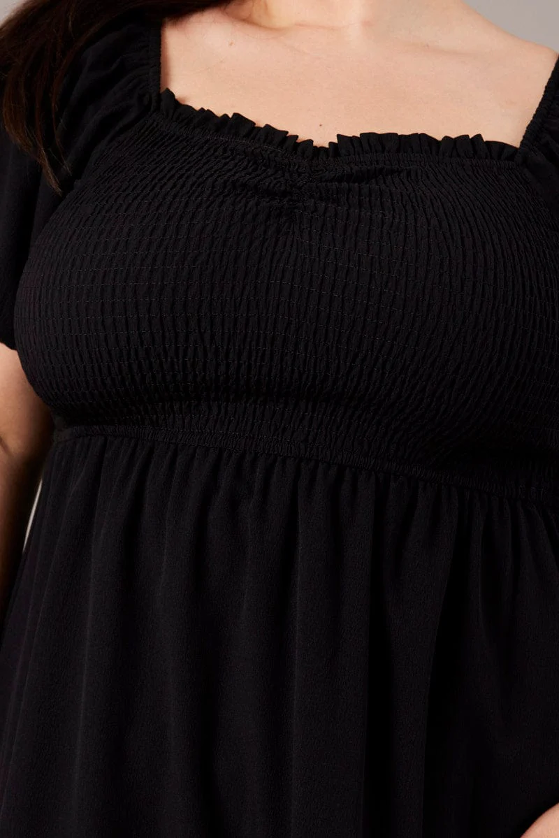Black Shirred Mini Dress Sweetheart Neck - Image 6