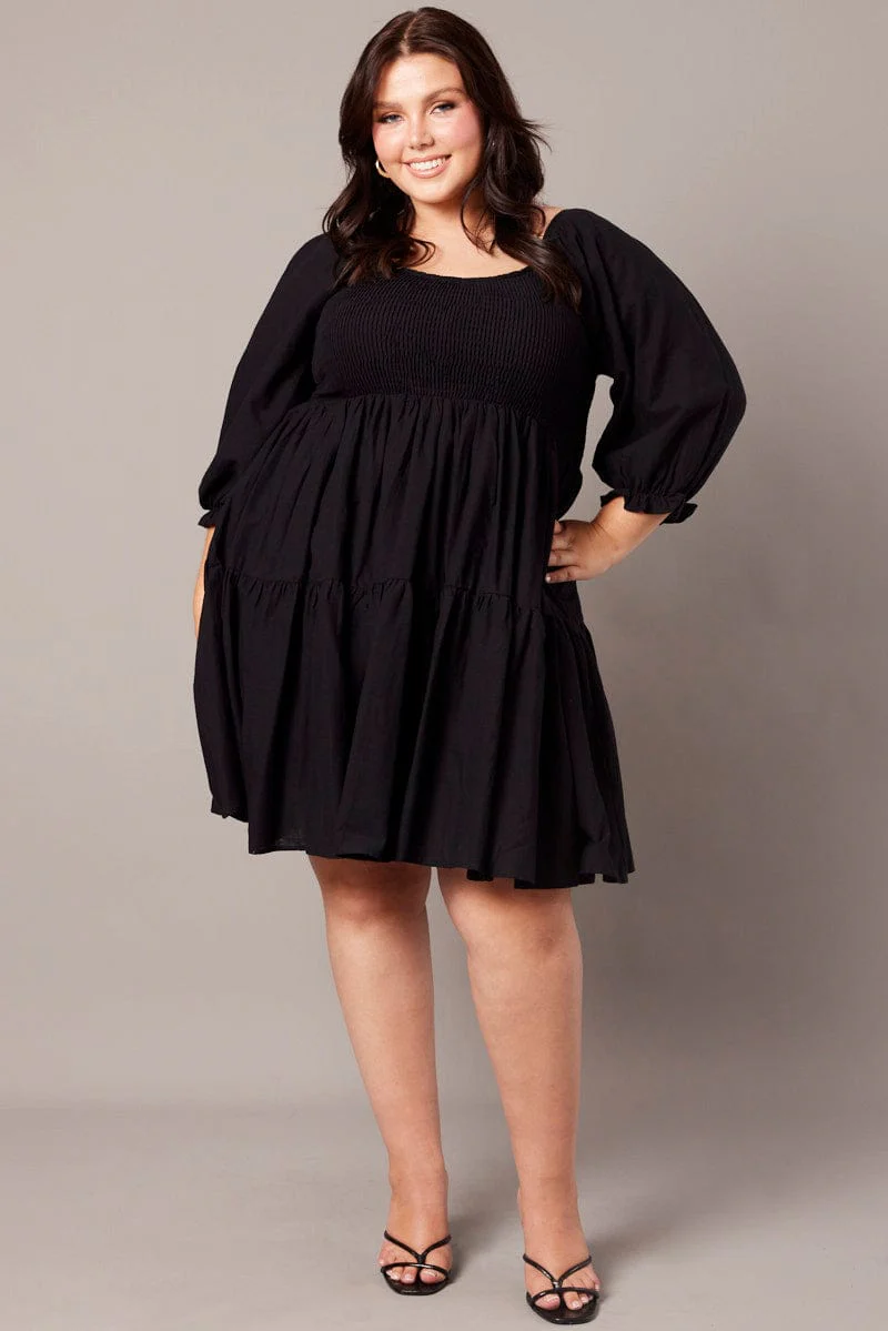 Black Shirred Tier Cotton Mini Dress - Image 2