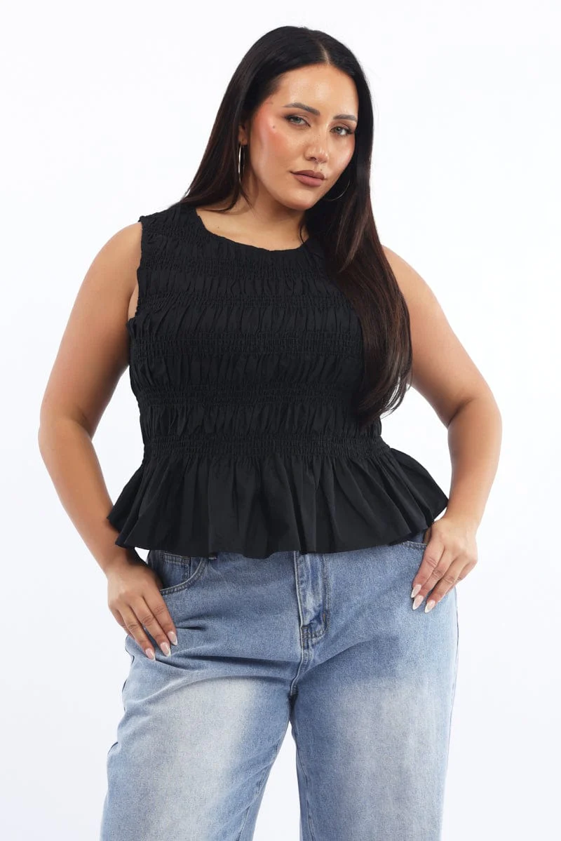Black Shirred Top Sleeveless