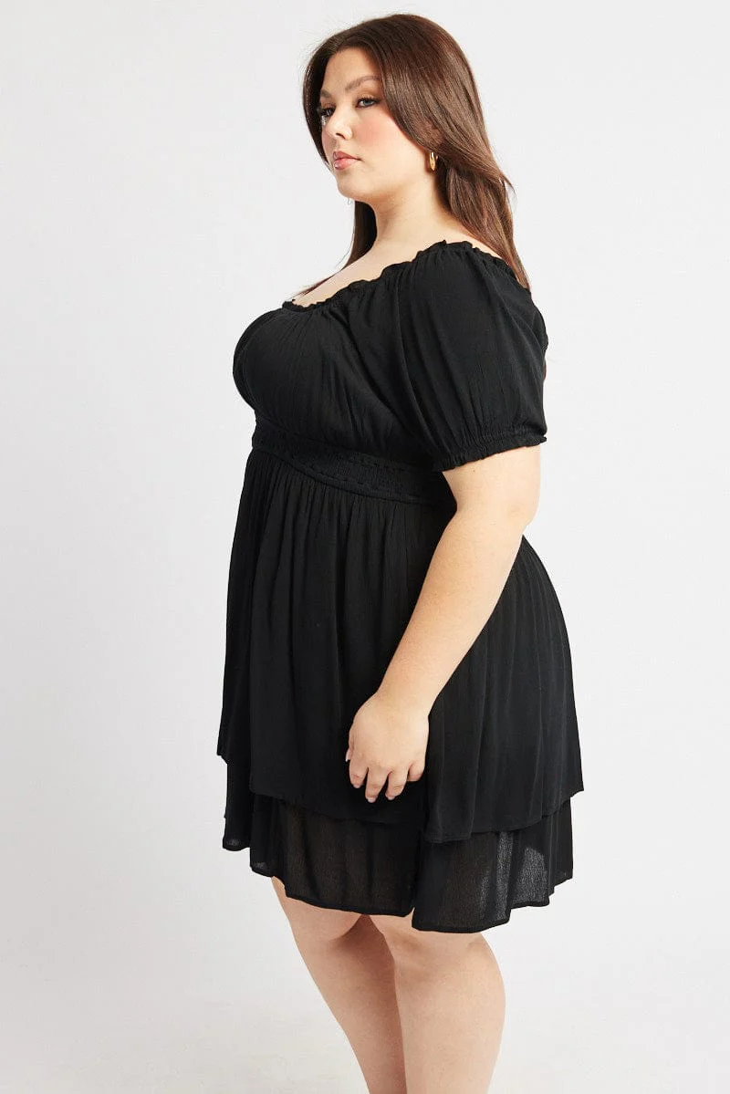 Black Shirred Waist Crinkle Scoop Neck Minidress - Image 4
