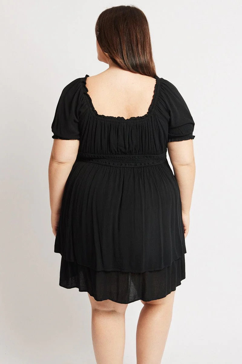 Black Shirred Waist Crinkle Scoop Neck Minidress - Image 5