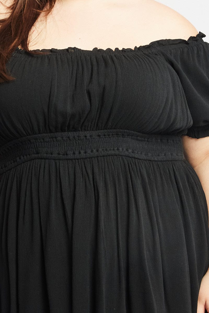 Black Shirred Waist Crinkle Scoop Neck Minidress - Image 6
